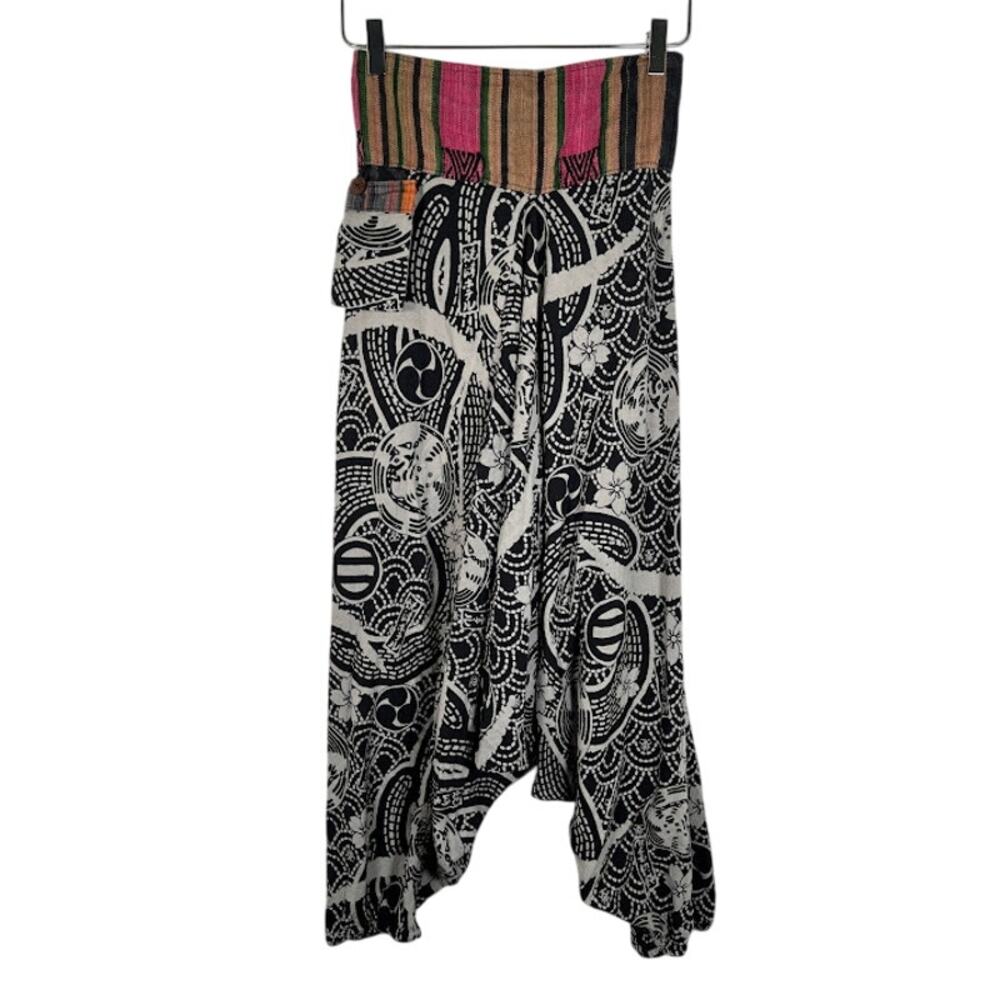 Thailand Hill Tribe Fabric Women's Harem Ankle Pants S/M Black White Boho